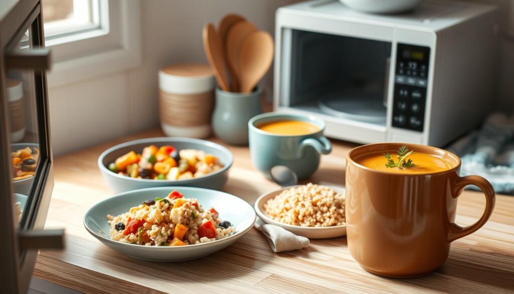 a cozy, minimal kitchen with wooden textures and light blue accents, featuring an arrangement of various microwave-friendly dishes, including a steaming bowl of hearty vegetable stew, a plate of fluffy quinoa and roasted veggies, and a mug of creamy butternut squash soup. The scene is bathed in soft, natural lighting, with clean lines and a sense of simplicity and functionality. The focus is on highlighting the diversity of delicious, nutritious meals that can be easily prepared and reheated in a microwave, showcasing the possibilities of quick, convenient, and satisfying microwave cooking.