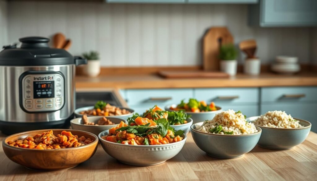 a cozy, minimal kitchen with wooden textures and light blue accents, featuring an array of delectable vegetarian and vegan Instant Pot dishes simmering on the countertop. Savory lentil stew, aromatic vegetable curry, and fluffy quinoa bowls are arranged artfully, emanating warmth and nourishment. The scene is bathed in soft, natural lighting that accentuates the vibrant colors and inviting aromas, creating an atmosphere of wholesome, plant-based culinary delights.