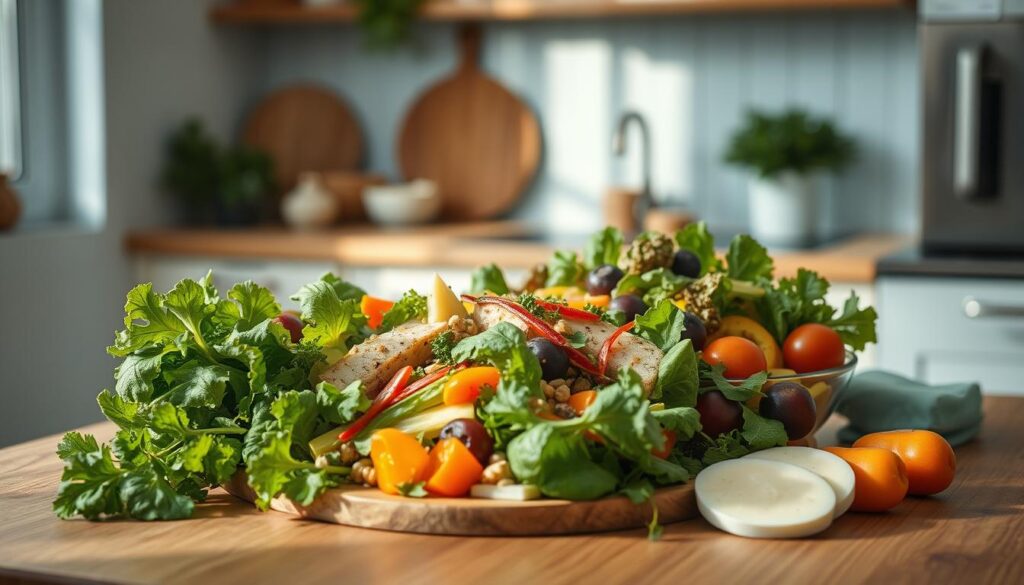 a cozy, minimal kitchen with wooden textures and light blue accents, featuring an assortment of fresh, vibrant salad ingredients artfully arranged on a wooden table. A variety of leafy greens, colorful vegetables, protein-rich elements, and garnishes are elegantly presented, inviting the viewer to explore creative salad possibilities for a nourishing office meal. The lighting is soft and natural, casting a warm glow over the scene and highlighting the textures and colors of the ingredients. The overall atmosphere is one of simplicity, health, and culinary inspiration.