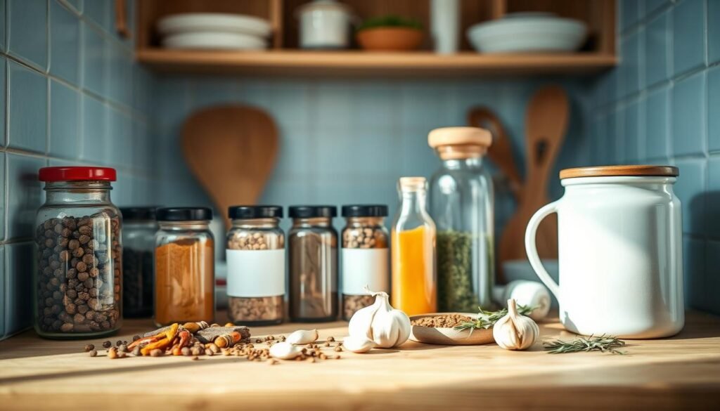 a cozy, minimal kitchen with wooden textures and light blue accents, featuring an assortment of spice jars, bottles, and various ingredients for creating homemade chicken sauce spice recipes, including whole peppercorns, dried chili flakes, garlic cloves, and aromatic herbs like thyme and rosemary, arranged neatly on a wooden countertop, with soft, natural lighting highlighting the textures and colors, creating a warm, inviting atmosphere for the preparation of flavorful, office-friendly spice blends.