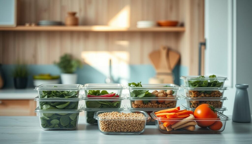 a cozy minimal kitchen with wooden textures and light blue accents, featuring several meal prep containers and ingredients on the counter, including fresh vegetables, salad greens, grains, and protein sources. The containers are arranged in an organized manner, suggesting efficient meal planning. A single ray of soft natural light illuminates the scene, creating a calming atmosphere. The focus is on the practical aspects of meal prep, showcasing strategies for preparing multiple nutritious cold lunches with minimal effort.