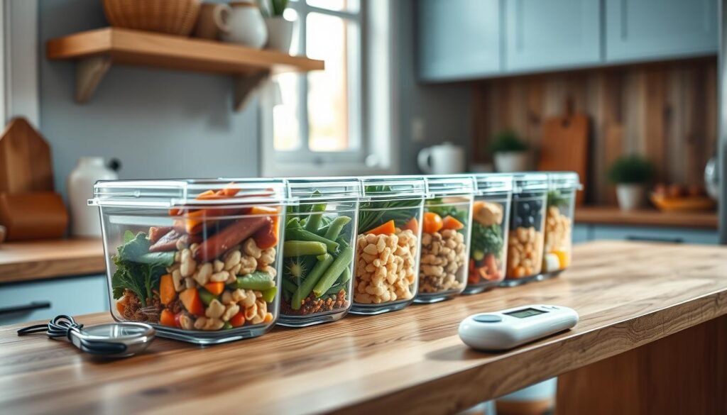 a cozy, minimal kitchen with wooden textures and light blue accents, on a wooden kitchen counter, a set of several meal prep containers made of clear glass or transparent plastic, arranged neatly in a row, the containers are filled with various healthy meals and ingredients, a digital food thermometer is placed next to the containers, the lighting is soft and natural, creating a warm and calming atmosphere, the image is captured from a slightly elevated angle, showcasing the precise temperature monitoring setup for ensuring food safety.