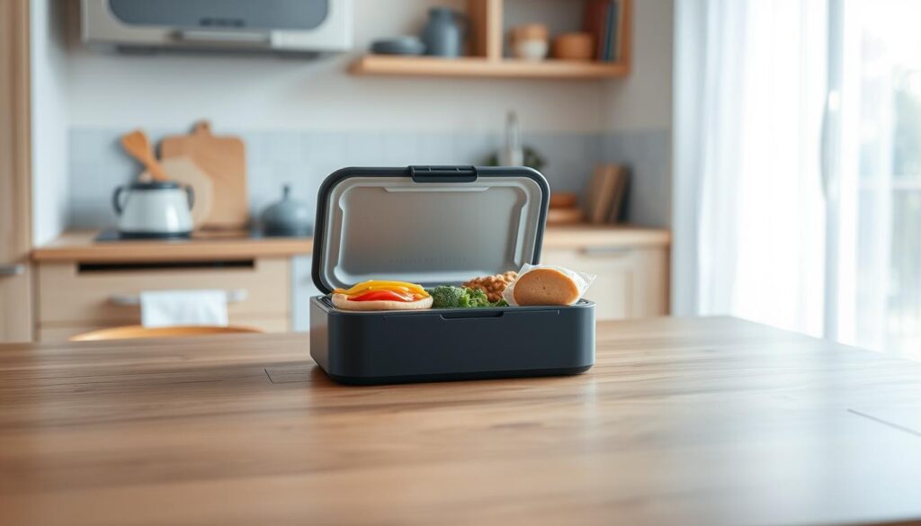 a cozy minimal kitchen with wooden textures and light blue accents, showcasing a temperature-controlled lunch box on a wooden table. the lunch box has sleek lines and a compact design, with a digital display indicating the current temperature. the box is open, revealing a selection of chilled meals and snacks neatly arranged inside, maintaining their freshness. soft natural lighting illuminates the scene, creating a serene and inviting atmosphere.