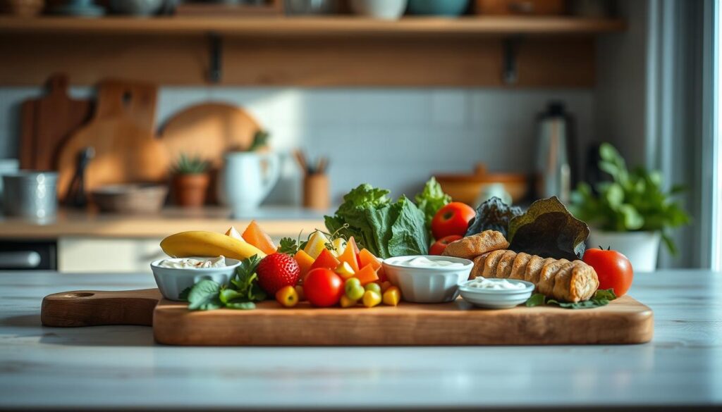 a cozy, minimal kitchen with wooden textures and light blue accents, showcasing a collection of no-cook lunch ideas for work - a variety of fresh fruits, crunchy vegetables, creamy dips, and portable protein sources, artfully arranged on a wooden cutting board, bathed in soft, natural lighting, conveying a sense of simplicity and mindfulness, capturing the essence of a nourishing, no-fuss midday meal that can be easily prepared and enjoyed during a busy workday.