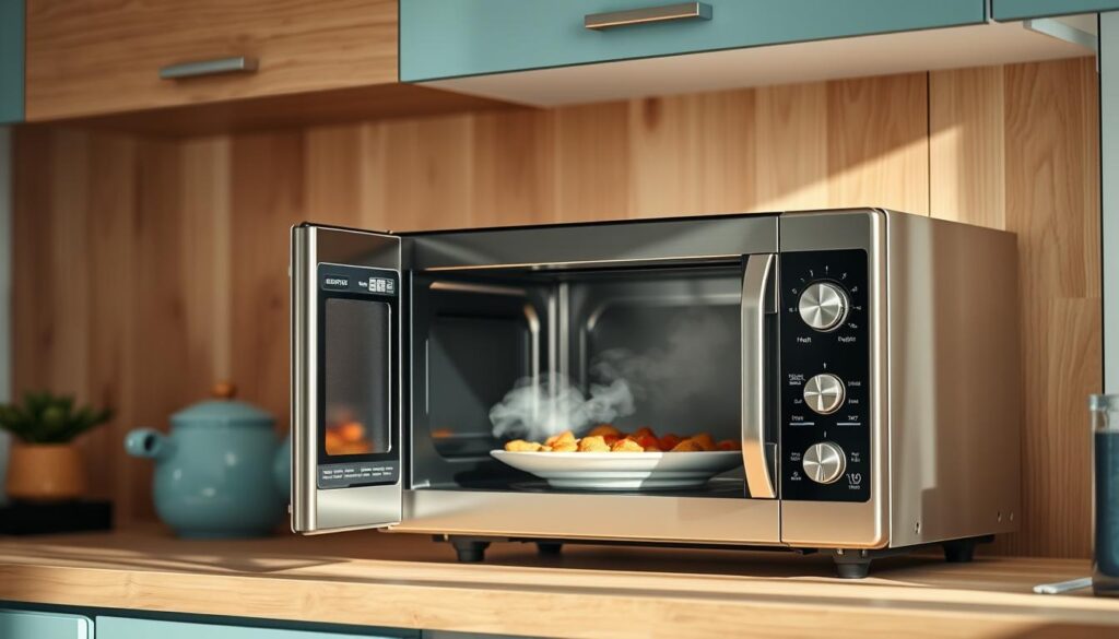 a cozy, minimal kitchen with wooden textures and light blue accents, showcasing a sleek stainless steel microwave on the countertop. The microwave is prominently displayed, with a plate of reheated food inside, emitting steam. The scene is well-lit, highlighting the appliance's features and creating a warm, inviting atmosphere. The overall composition emphasizes the step-by-step reheating process, conveying a sense of efficiency and practicality for an office meal prep guide.