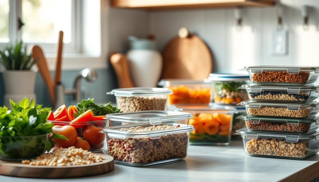 a cozy, minimal kitchen with wooden textures and light blue accents, showcasing a variety of budget-friendly meal prep options - freshly chopped vegetables, simple grains and legumes, sealed glass containers, and a stack of meal-prepped lunches, all bathed in soft, natural lighting and captured from a slightly elevated angle, conveying a sense of organization, efficiency, and cost-consciousness