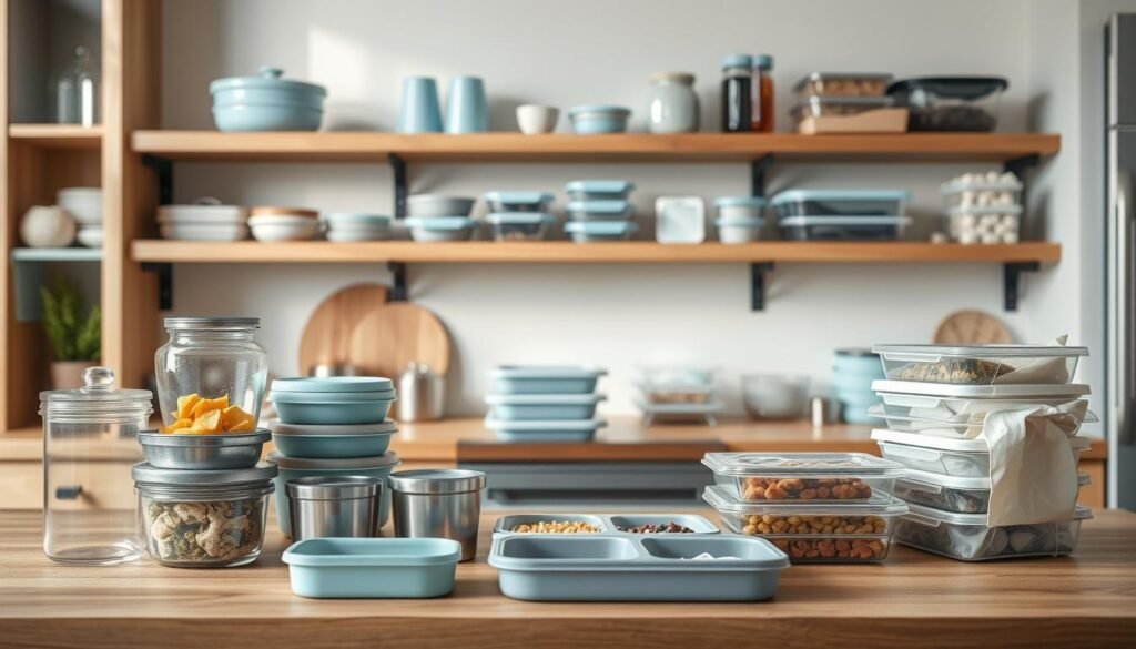 a cozy, minimal kitchen with wooden textures and light blue accents, showcasing a variety of meal prep storage solutions on the countertop and shelves. The foreground features a set of glass containers, stainless steel lunchboxes, and silicone meal prep cups in an organized arrangement. The middle ground displays a selection of BPA-free plastic containers, divided meal prep trays, and reusable storage bags. In the background, a clean white wall complements the warm, natural tones, creating a calming and efficient atmosphere for high protein lunch prep.
