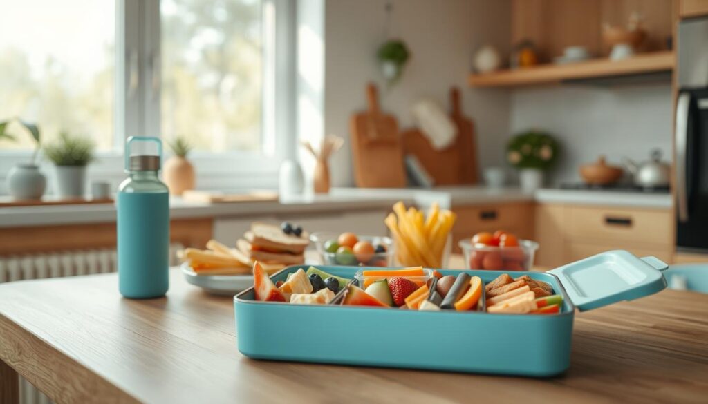 a cozy, minimal kitchen with wooden textures and light blue accents, showcasing a variety of allergen-free lunch ideas arranged neatly on a wooden table. In the foreground, a bento-style lunchbox filled with colorful, allergy-safe snacks and a reusable water bottle. In the middle ground, a selection of allergen-free sandwiches, fresh fruits, and veggie sticks. The background features a clean, bright window letting in natural light, creating a warm and inviting atmosphere. The overall scene conveys a sense of simplicity, health, and thoughtfulness when it comes to preparing a school-safe, allergen-free lunch.