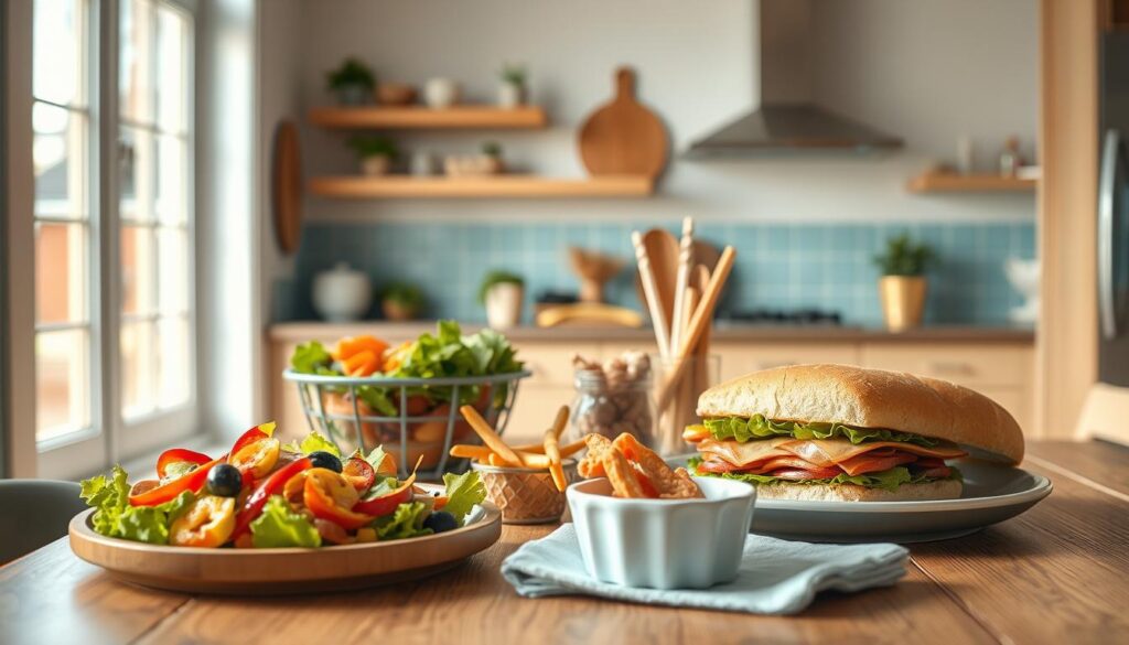 a cozy, minimal kitchen with wooden textures and light blue accents, showcasing a variety of freshly prepared school lunch recipes, including a colorful salad, a hearty sandwich, and a healthy snack, all arranged on a wooden table with natural lighting from large windows, conveying a sense of simplicity, nutrition, and teen-friendly appeal