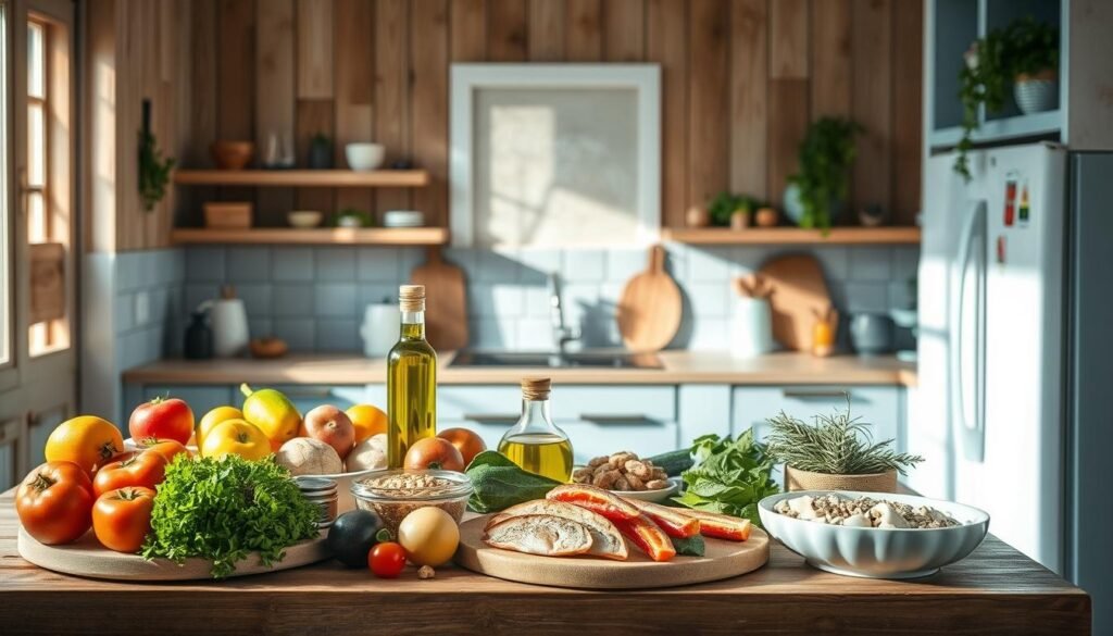 a cozy minimal kitchen with wooden textures and light blue accents, showcasing a variety of heart-healthy Mediterranean diet ingredients such as fresh produce, olive oil, whole grains, and seafood, arranged in an aesthetically pleasing composition that highlights the nutritional benefits of this cuisine for cardiovascular health, with soft, natural lighting and a calming, inviting atmosphere