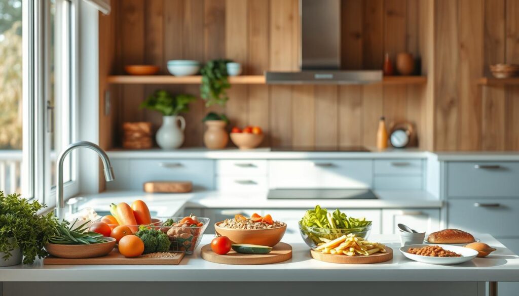 a cozy, minimal kitchen with wooden textures and light blue accents, showcasing a variety of quick and easy lunch recipes on a white kitchen counter, with fresh ingredients like vegetables, grains, and proteins neatly arranged, bathed in warm, natural lighting through a large window, creating a peaceful, inviting atmosphere for busy office workers to prepare their midday meals.