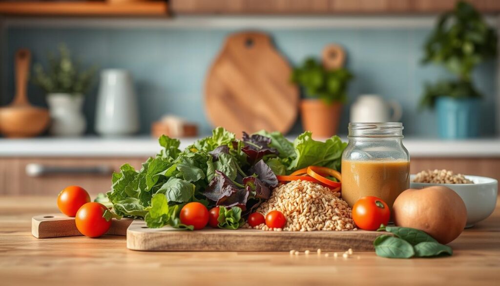 a cozy, minimal kitchen with wooden textures and light blue accents, showcasing a variety of fresh, wholesome ingredients for a clean eating dinner meal prep. Vibrant produce such as leafy greens, colorful vegetables, and whole grains are beautifully arranged on a wooden cutting board, accompanied by a glass jar of homemade salad dressing. The warm, natural lighting illuminates the scene, highlighting the unprocessed, nutrient-dense nature of the clean eating ingredients. The lack of any human presence emphasizes the focus on the benefits of this mindful approach to meal preparation.