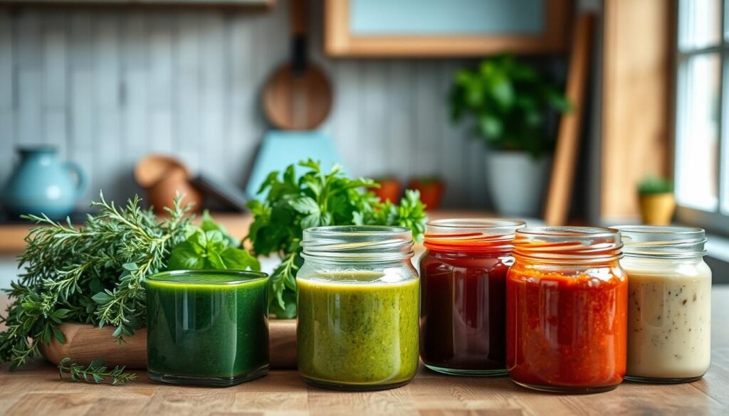 a cozy, minimal kitchen with wooden textures and light blue accents, showcasing a variety of fresh herbs - rosemary, thyme, basil, and oregano - artfully arranged on a wooden cutting board. In the foreground, several glass jars filled with rich, herb-infused sauces in vibrant hues like emerald green, deep red, and creamy beige. The sauces are glistening, with a smooth, velvety texture, inviting the viewer to imagine their use in a variety of delectable, diabetic-friendly dishes. The lighting is soft and natural, highlighting the earthy tones and textures of the scene, creating a warm, inviting atmosphere.