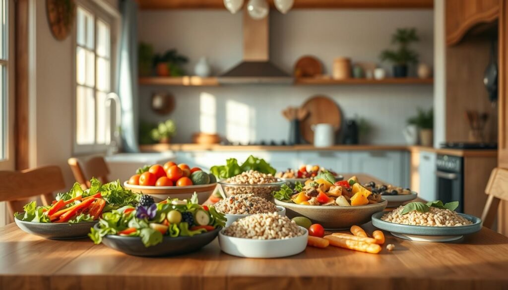 a cozy, minimal kitchen with wooden textures and light blue accents, showcasing a vibrant spread of balanced meal prep sides and salads - crisp greens, roasted vegetables, grains, and colorful fruits artfully arranged on a wooden table, bathed in warm natural lighting and creating a serene, inviting atmosphere for a complete and nourishing meal