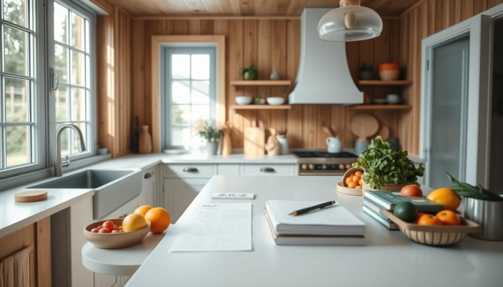 a cozy, minimal kitchen with wooden textures and light blue accents, showcasing a weekly meal planning layout on a white countertop, including handwritten notes, fresh produce, and various recipe books or meal prep containers, bathed in soft, natural lighting from a large window, creating a calming, organized atmosphere for planning out a family's weekly meals