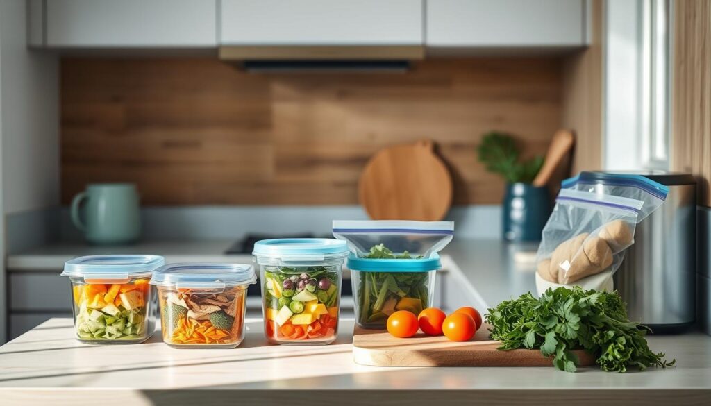 a cozy, minimal kitchen with wooden textures and light blue accents, showcasing an array of empowering meal prep solutions - glass containers filled with colorful, nutritious ingredients, reusable silicone bags, and a cutting board with fresh vegetables, all neatly arranged on the countertop under soft, diffused lighting, conveying a sense of organization, simplicity, and a commitment to healthy eating habits