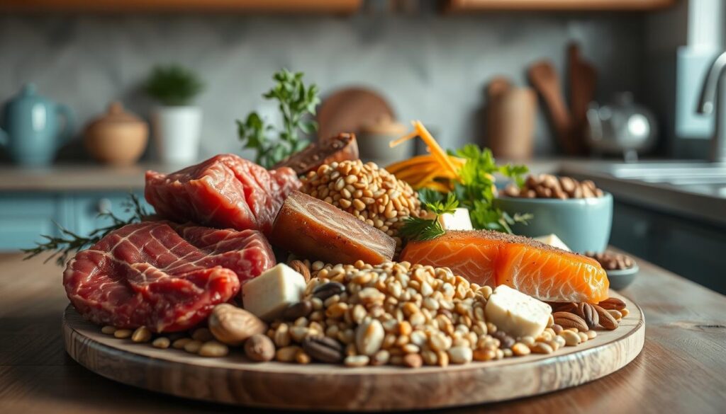 a cozy, minimal kitchen with wooden textures and light blue accents, showcasing an artful arrangement of diverse protein sources - grass-fed beef, wild-caught salmon, organic tofu, lentils, and an assortment of nuts and seeds. The lighting is soft and natural, highlighting the vibrant colors and textures of the ingredients. The composition emphasizes the abundance and versatility of protein-rich foods beyond the traditional chicken breast, inviting the viewer to explore the benefits of incorporating a variety of protein sources into their diet.
