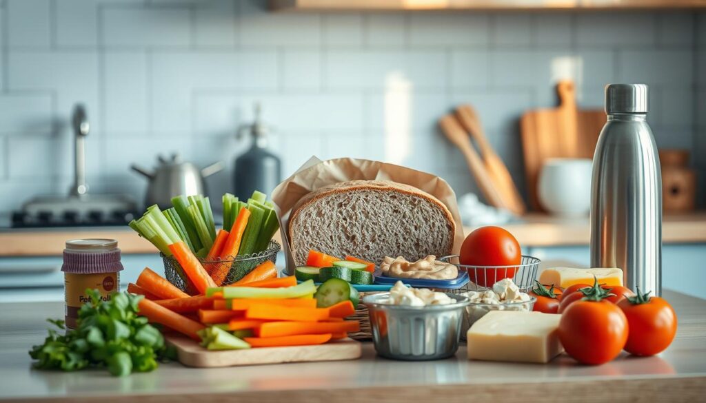 a cozy, minimal kitchen with wooden textures and light blue accents, showcasing an assortment of pantry essentials for crafting cold lunches - a jar of crunchy peanut butter, a loaf of freshly sliced whole grain bread, a variety of fresh crunchy vegetables like carrots, cucumbers, and bell peppers, a container of hummus, a few ripe tomatoes, a block of cheddar cheese, and a stainless steel water bottle, all arranged neatly on the kitchen counter with a subtle, warm lighting casting a soft glow, no hands visible