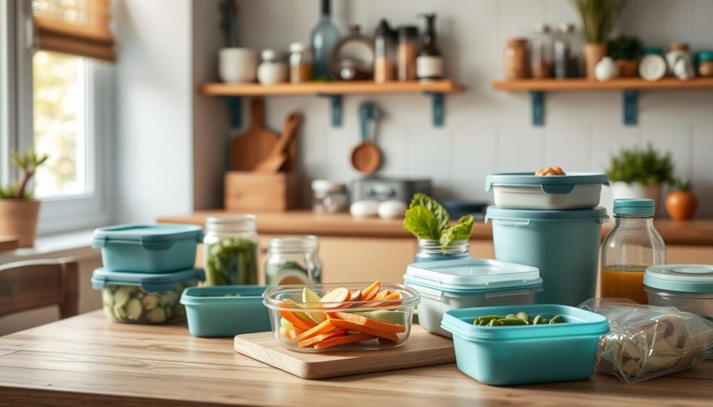 a cozy, minimal kitchen with wooden textures and light blue accents, showcasing an assortment of fresh lunch storage containers and tips. In the foreground, various reusable bento boxes, glass jars, and silicone ziplock bags are neatly arranged on a wooden table, highlighting their functionality and eco-friendly design. In the middle ground, a cutting board with sliced seasonal produce, such as crisp vegetables and juicy fruits, suggests the fresh and healthy ingredients for a balanced packed lunch. The background features open shelving with neatly organized spices, herbs, and other kitchen essentials, creating a sense of organization and culinary inspiration. The overall scene conveys a serene, minimalist atmosphere that emphasizes the importance of keeping your lunch fresh and safe.