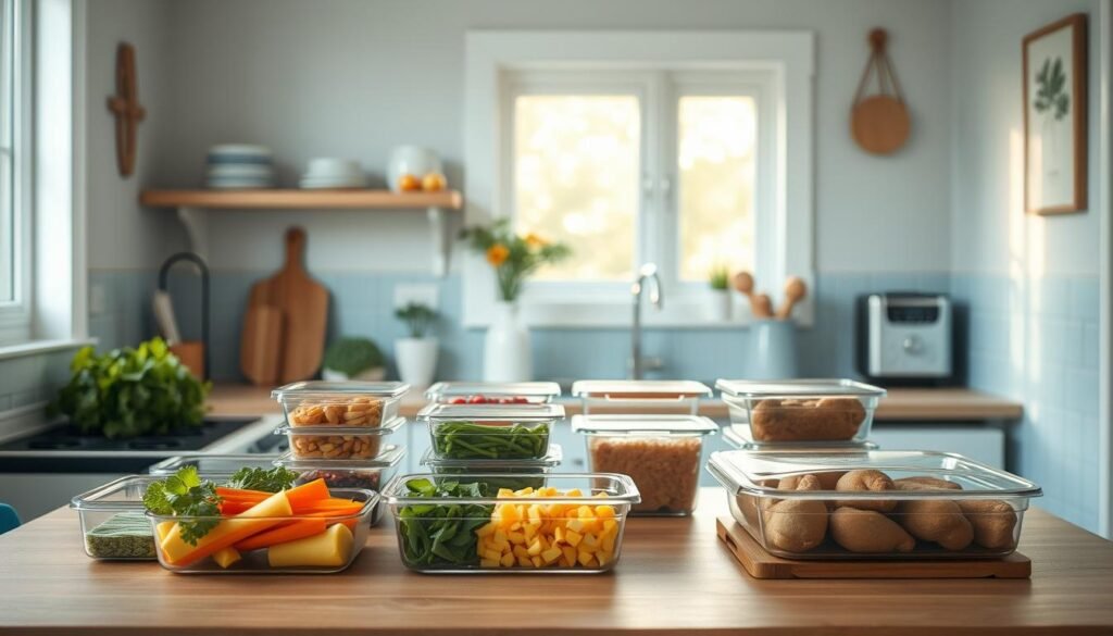 a cozy, minimal kitchen with wooden textures and light blue accents, showcasing an organized meal prep station with glass containers, chopped vegetables, and pre-cooked proteins. The kitchen is well-lit with soft, natural lighting, creating a calming and productive atmosphere. The scene emphasizes the benefits of an efficient meal prep routine, such as time-saving, nutrition, and overall wellness. The image captures the sense of control, organization, and mindfulness that comes with a well-structured meal preparation system.