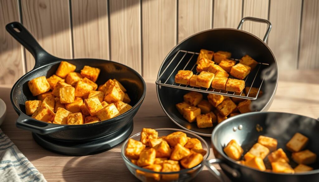 a cozy, minimal kitchen with wooden textures and light blue accents, showcasing several cooking methods for crispy tofu: a cast-iron skillet sizzling with golden, crunchy tofu cubes; a wire rack holding golden-brown tofu slices fresh from the oven; and a wok with tofu pieces tossed in a flavorful sauce, steam rising from the pan. The scene is bathed in warm, natural lighting, highlighting the textural contrast of the crispy tofu surfaces. The arrangement creates a mouthwatering display of versatile tofu preparation techniques for a plant-based high-protein lunch.