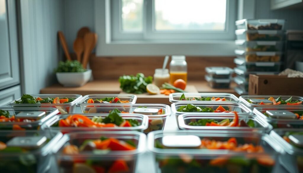 a cozy, minimal kitchen with wooden textures and light blue accents, showcasing the benefits of meal prepping for busy Americans. In the foreground, rows of neatly arranged meal containers filled with healthy, balanced meals. In the middle ground, a cutting board with freshly chopped vegetables, a jar of homemade dressing, and a stack of reusable meal prep containers. The background features a window overlooking a peaceful outdoor scene, emphasizing the sense of organization and mindfulness associated with meal prepping. Soft, natural lighting and a calming atmosphere convey the positive impact of this practical lifestyle habit.