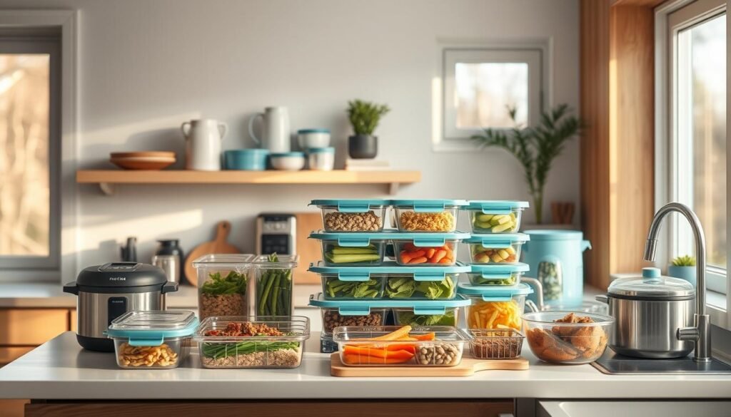 a cozy, minimal kitchen with wooden textures and light blue accents, showcasing various meal prep containers and appliances on a clean countertop, bathed in warm, natural lighting from large windows, creating an efficient and organized atmosphere for batch cooking wholesome, time-saving meals