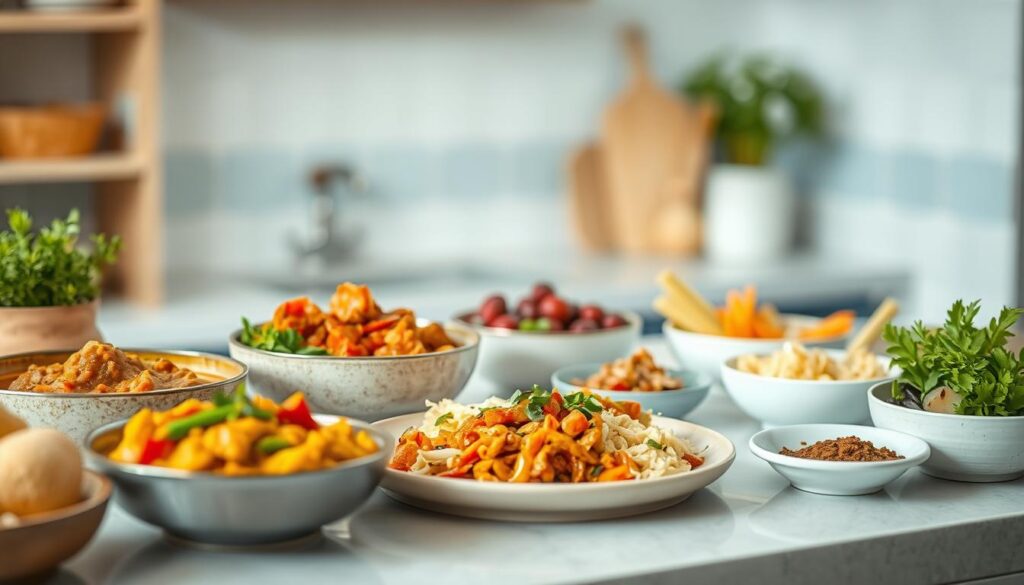 a cozy, minimal kitchen with wooden textures and light blue accents, various bowls and plates filled with an assortment of global lunch flavors - vibrant curries, tangy chutneys, aromatic spices, fresh herbs, and crisp vegetables, arranged in a visually appealing composition that captures the excitement and diversity of combining international culinary elements, soft, natural lighting highlights the diverse colors and textures, creating an inviting and appetizing scene