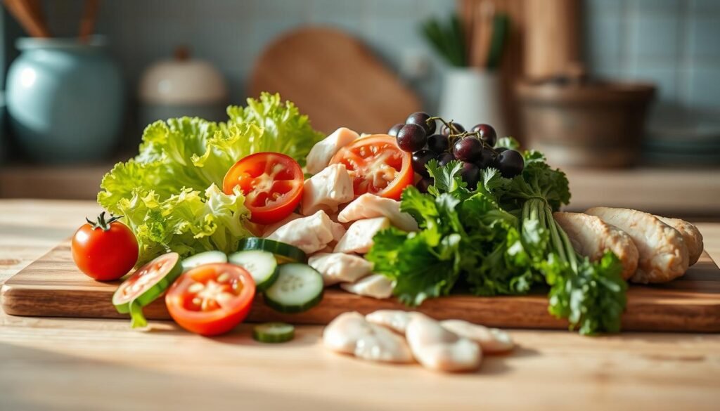 a cozy, minimal kitchen with wooden textures and light blue accents. A variety of fresh, colorful ingredients are neatly arranged on a wooden cutting board, including crisp lettuce, juicy tomatoes, crunchy cucumber slices, and tender chicken breast pieces. The lighting is natural and soft, creating a warm, inviting atmosphere. The composition is clean and balanced, with the ingredients taking center stage. The overall scene conveys a sense of healthy, creative meal preparation.