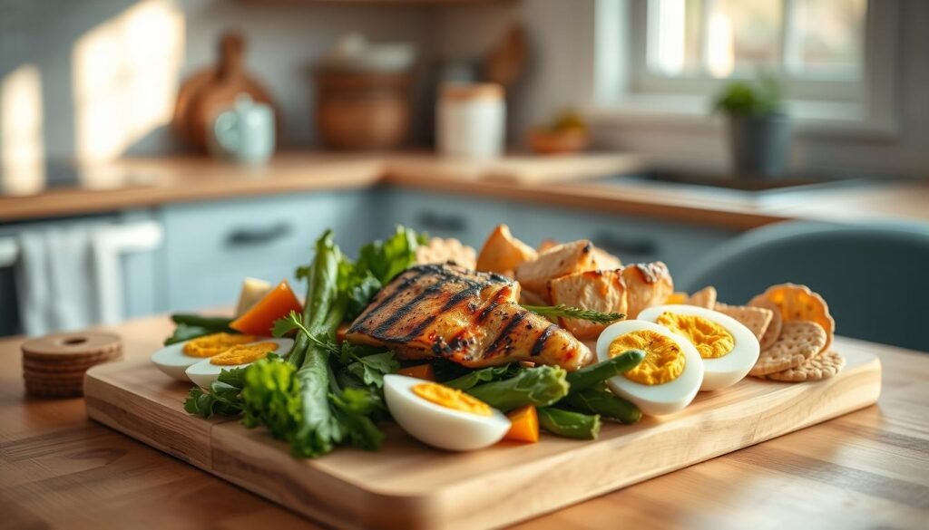 a cozy, minimal kitchen with wooden textures and light blue accents. A variety of high-protein lunch items are neatly arranged on a wooden cutting board, including grilled chicken, hard-boiled eggs, roasted vegetables, and a side of whole grain crackers. The lighting is warm and natural, casting a soft glow over the scene. The composition emphasizes the nutritional benefits of the meal, highlighting its ability to provide sustained energy throughout the day.