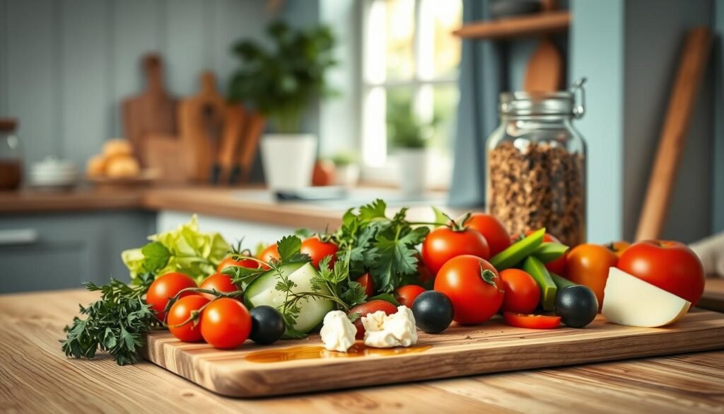 a cozy, minimal kitchen with wooden textures and light blue accents. In the foreground, a collection of Mediterranean meal prep ingredients arranged neatly on a wooden cutting board, including ripe tomatoes, crisp cucumbers, fragrant herbs, briny olives, creamy feta cheese, and a drizzle of olive oil. In the middle ground, a glass jar filled with aromatic spices, such as oregano, cumin, and paprika. In the background, a window lets in soft, natural light, casting a warm glow over the scene. The overall mood is one of simplicity, freshness, and a commitment to healthy, flavorful eating.