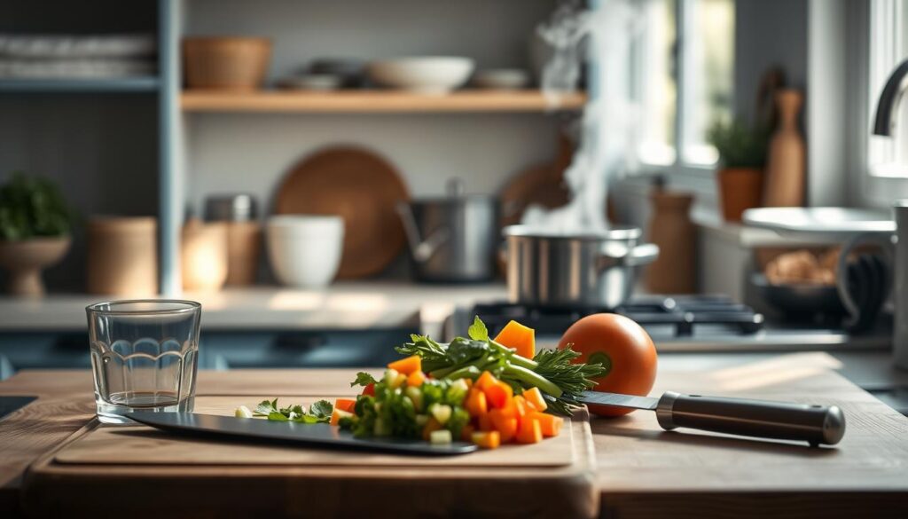 a cozy, minimal kitchen with wooden textures and light blue accents. In the foreground, a cutting board with freshly chopped vegetables, a sharp knife, and a measuring cup. In the middle ground, a simmering pot on the stove, steam rising. The background reveals organized shelves, a tidy countertop, and a window allowing soft, natural light to filter in. The scene conveys a sense of efficiency, focus, and calm - a well-orchestrated 