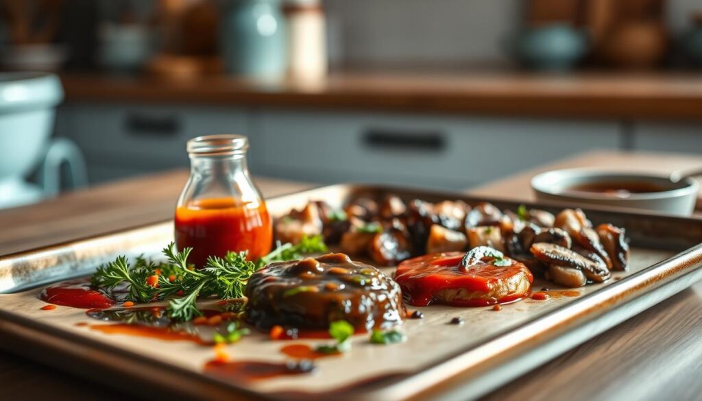 a cozy, minimal kitchen with wooden textures and light blue accents. On a sheet pan, an assortment of creatively prepared sauces and marinades - a vibrant red chili-garlic sauce, a fragrant herb-infused olive oil, a tangy balsamic glaze, and a rich, savory mushroom demi-glace. The sauces are artfully arranged, their textures and colors contrasting beautifully. Soft, diffused lighting casts a warm glow, highlighting the depth and complexity of the sauce flavors. The overall scene conveys a sense of culinary inspiration and the promise of delicious, flavor-forward sheet pan meals.