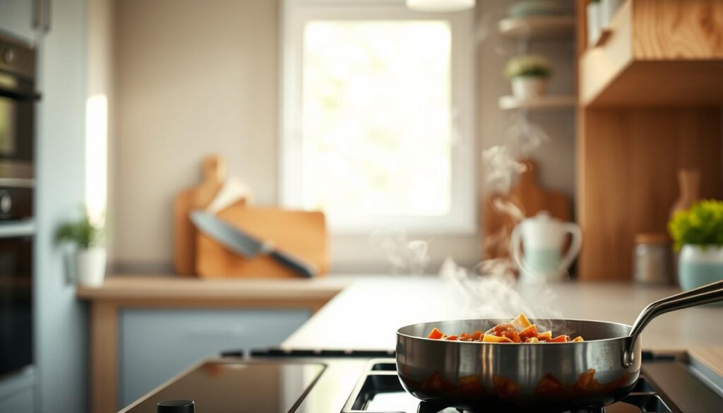 a cozy, minimal kitchen with wooden textures and light blue accents. in the foreground, a pot of pasta sauce simmering on a stovetop, steam gently rising. the sauce bubbles and simmers, revealing the complex chemistry of heat, acidity, and enzymes at work, transforming the flavors. in the middle ground, a chef's knife and cutting board stand ready, hinting at the preparation that went into this dish. the background is bathed in soft, natural lighting, creating a warm and inviting atmosphere that draws the viewer in. the scene conveys the science behind the art of reheating a meal, preserving its quality and taste.