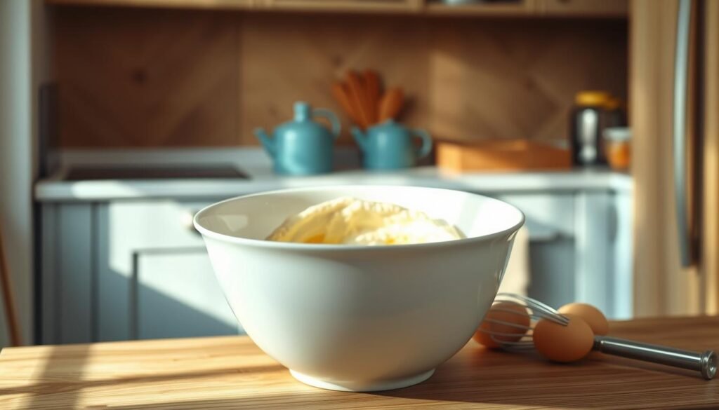 a cozy, minimal kitchen with wooden textures and light blue accents. in the foreground, a white mixing bowl filled with a whisked egg mixture, complete with yolks and whites blended together. the bowl sits atop a wooden surface, with a whisk and a few eggshells nearby. soft, natural lighting illuminates the scene, casting gentle shadows and creating a serene, inviting atmosphere. the background features simple, clean-lined cabinetry and appliances, allowing the preparation of the egg mixture to be the focal point. no hands visible, emphasizing the process itself.