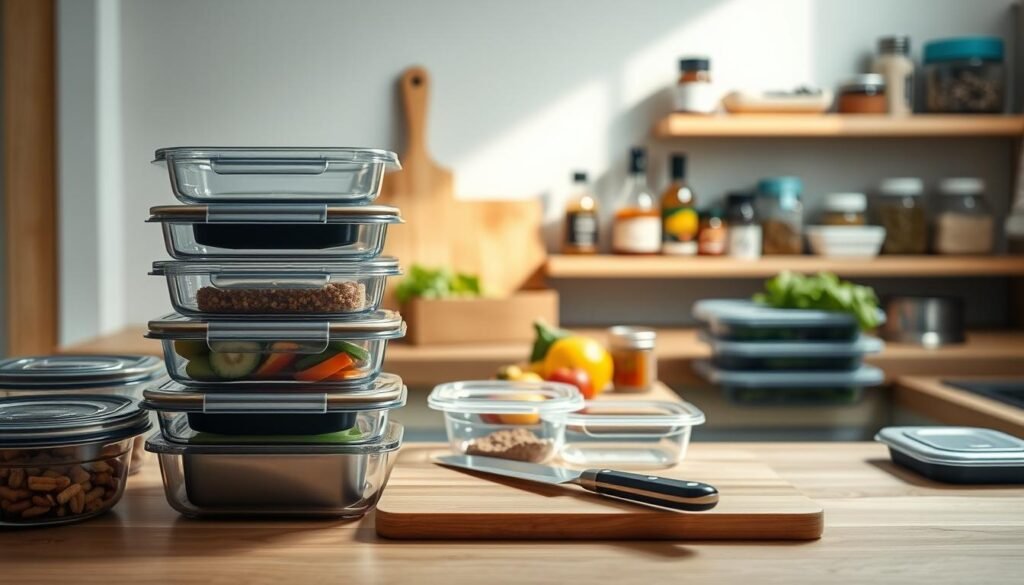 a cozy, minimal kitchen with wooden textures and light blue accents. in the foreground, an assortment of meal prep containers with airtight lids, carefully stacked and arranged to prevent spills. in the middle ground, a cutting board with a sharp knife, some fresh produce, and a few small condiment jars with tight-fitting lids. the background features a simple, uncluttered shelving unit with neatly organized spices, herbs, and other pantry essentials. the lighting is soft and natural, creating a peaceful, organized atmosphere ideal for meal prepping without any messy accidents.