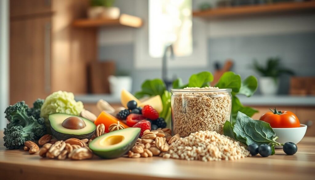 a cozy, minimal kitchen with wooden textures and light blue accents. in the foreground, an assortment of diabetes-friendly foods such as fresh vegetables, avocado, nuts, and berries are arranged in a visually appealing manner. the middle ground features a glass container filled with whole grains like quinoa or brown rice. in the background, a few leafy greens like spinach or kale add a pop of color and highlight the nutritional value of the scene. the lighting is soft and natural, creating a warm, inviting atmosphere that showcases the key nutrients essential for a diabetes-friendly lunch.