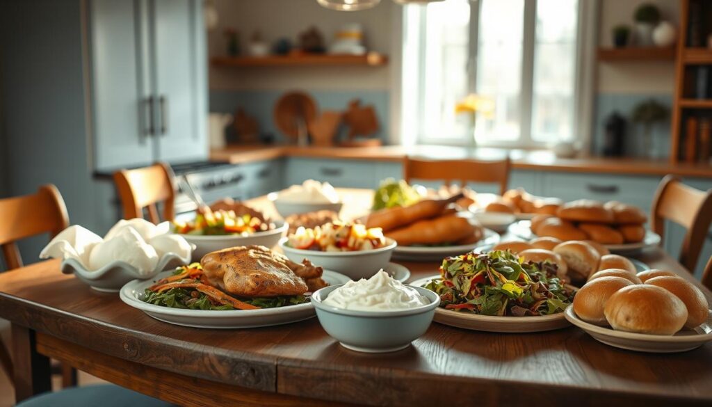 a cozy, minimal kitchen with wooden textures and light blue accents. on a large wooden table, an assortment of family-style dinner recipes are arranged artfully - hearty, comforting dishes like roast chicken, mashed potatoes, a vibrant salad, and fresh-baked rolls. the lighting is soft and warm, casting a golden glow over the scene. the composition emphasizes the communal, intimate atmosphere of a family meal, with no hands or people visible, allowing the food to take center stage. the overall mood is one of domestic tranquility and nourishment.