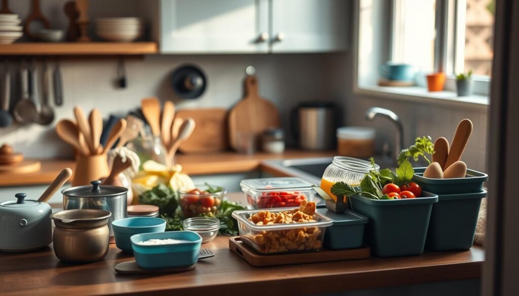 a cozy, minimal kitchen with wooden textures and light blue accents. on the countertop, assorted kitchen tools, leftover ingredients, and various containers, creating a visually appealing arrangement that suggests a process of transforming leftovers into new meals. the lighting is warm and indirect, creating a soft, inviting atmosphere. the scene is captured from a slightly elevated angle, highlighting the organization and creativity in the meal prepping process. no hands are visible, allowing the focus to remain on the repurposed ingredients and the idea of meal transformation.