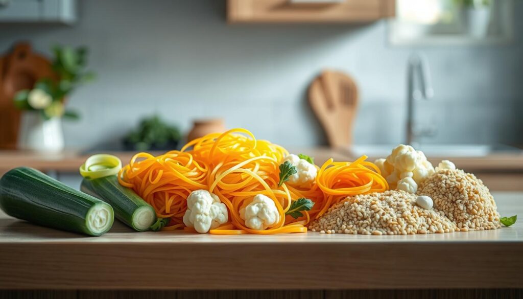 a cozy, minimal kitchen with wooden textures and light blue accents. on the countertop, an assortment of pasta alternatives arranged neatly - spiralized zucchini, spaghetti-like ribbons of butternut squash, cauliflower florets, and whole grain quinoa. the lighting is soft and natural, accentuating the vibrant colors and textures of the ingredients. the scene conveys a sense of healthy, flavorful possibilities beyond the classic pasta dish, inviting the viewer to explore new and nutritious meal options.