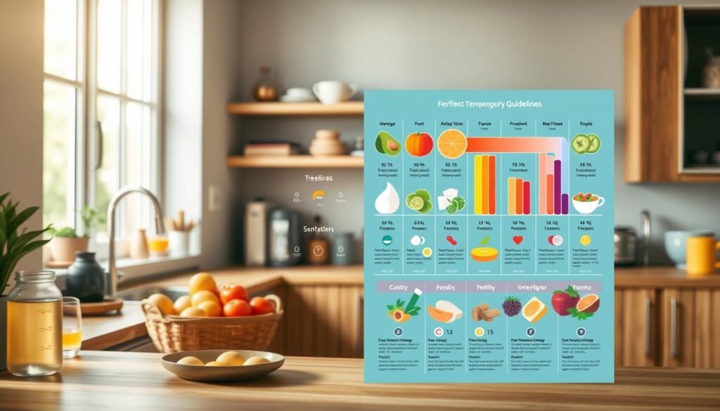 a cozy minimal kitchen with wooden textures, light blue accents, and no hands, featuring a visually striking infographic showcasing detailed food safety temperature guidelines for a variety of perishable items, presented in a clear and informative layout with vibrant colors, simple icons, and clean typographic elements that seamlessly blend with the kitchen's aesthetic, creating an educational yet aesthetically pleasing visual aid to accompany the "Cold Lunch Recipes Storage Solutions For Freshness" article's "Food Safety and Storage Tips for Cold Meals" section.