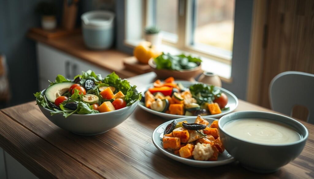 a cozy, minimal kitchen with wooden textures, light blue accents, and no hands, featuring an assortment of grain-free paleo meals on a wooden table, including a fresh salad with mixed greens, avocado, and cherry tomatoes, a plate of roasted vegetables like sweet potatoes, zucchini, and bell peppers, and a bowl of creamy cauliflower soup, all bathed in soft, natural lighting from a nearby window, conveying a sense of simplicity, nourishment, and wholesome living