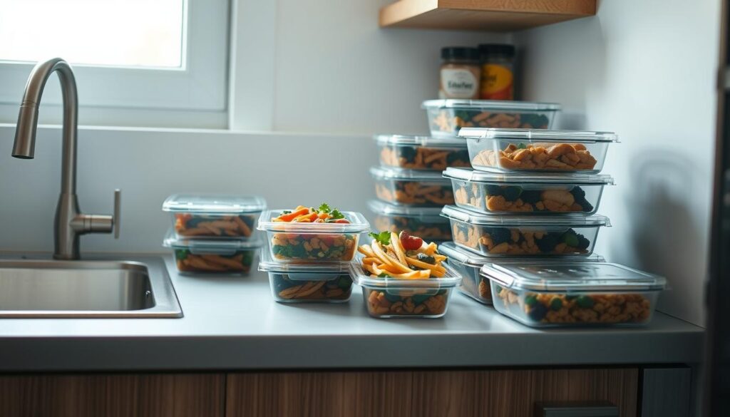 a cozy, minimal kitchen with wooden textures, light blue accents, and no hands. on the kitchen counter, a collection of neatly organized meal prep containers, each filled with delicious and nutritious homemade dishes. the containers are stacked efficiently, maximizing the limited counter space. natural light streams in through a nearby window, casting a warm glow over the scene. the kitchen shelves display a few essential cooking tools and spices, perfectly arranged to save space. the overall mood is calm, organized, and inspiring, inviting the viewer to imagine the joys of preparing healthy meals in a compact, well-designed kitchen space.