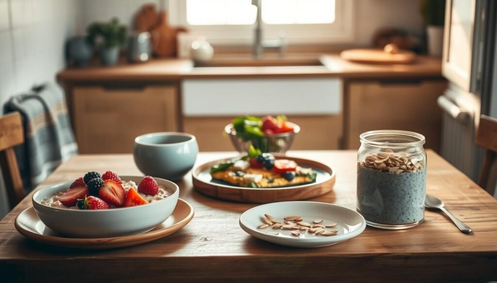 a cozy, minimalist kitchen filled with natural wooden textures and light blue accents, a variety of low sugar breakfast recipes artfully arranged on a wooden table, including whole grain oatmeal with fresh berries, a veggie frittata with spinach and feta, and overnight chia pudding with sliced almonds, all captured in warm, diffused natural light with a soft, inviting atmosphere