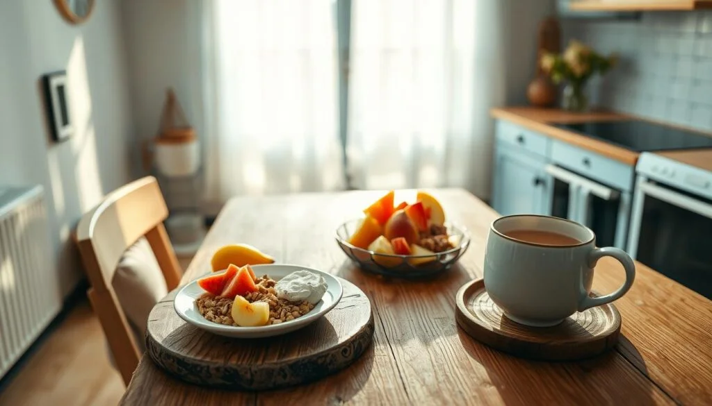a cozy, minimalist kitchen interior with warm wooden textures and light blue accents, a nutritious low-sugar breakfast spread laid out on a rustic wooden table - a plate of fresh fruit, yogurt, granola, and a steaming mug of herbal tea, morning sunlight filtering through sheer curtains, creating a soft, diffused lighting effect, no human subjects, high-angle camera shot capturing the full scene, emphasizing the idea of a mindful, nourishing start to the day