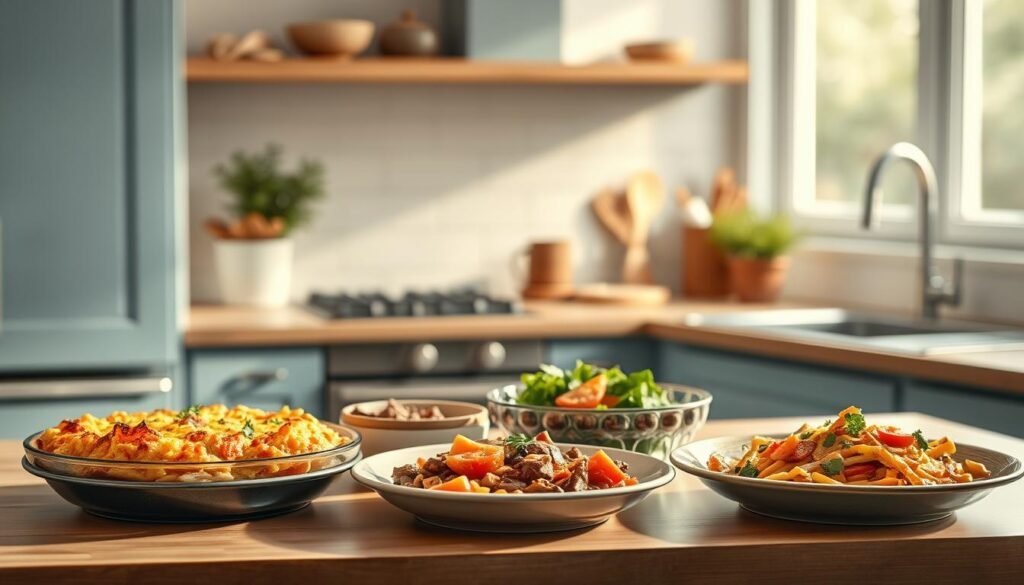 a cozy, minimalist kitchen interior with warm wooden textures and light blue accents. On the countertop, a variety of creative reheating dishes are presented, such as a comforting casserole, a hearty soup, and a vibrant stir-fry, all arranged in a visually appealing manner. The scene is bathed in a soft, natural light, creating a welcoming and inviting atmosphere. The focus is on the diverse, flavorful dishes that can be effortlessly reheated, showcasing the versatility and deliciousness of meal prep.