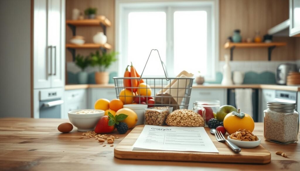 a cozy, minimalist kitchen interior with warm wooden textures and light blue accents. in the foreground, a grocery list is neatly arranged on a wooden cutting board, with various low-sugar breakfast items such as fresh fruits, oats, nuts, and yogurt placed thoughtfully around it. in the middle ground, a grocery basket sits on the kitchen counter, ready to be filled. the background features a large window with natural light streaming in, creating a bright and airy atmosphere. the overall scene evokes a sense of organization, efficiency, and a healthy lifestyle.