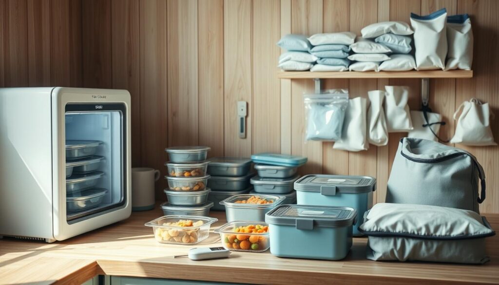 a cozy, minimalist kitchen interior with wooden textures and light blue accents, showcasing various temperature control strategies for meal prep storage. In the foreground, a compact countertop refrigerator maintains a consistent cool temperature. Alongside it, a series of insulated food containers and thermal bags, ensuring meals stay fresh for unrefrigerated hours. In the middle ground, a digital food thermometer and a timer provide precise monitoring of temperature and storage duration. In the background, a wall-mounted shelf displays a collection of reusable ice packs and sealable bags, enabling flexible temperature regulation. The scene conveys a sense of organization and food safety awareness, suitable for illustrating the 