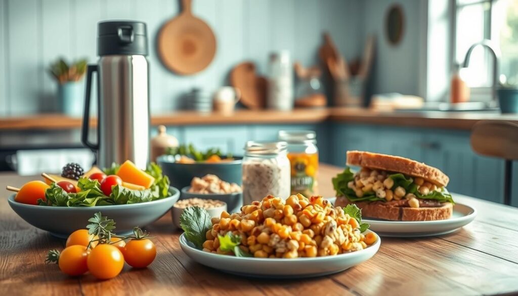 a cozy, minimalist kitchen with light blue accents and wooden textures, featuring an assortment of quick and easy cold lunch options arranged neatly on a wooden table. The scene is bathed in soft, natural lighting, creating a welcoming and inviting atmosphere. The foreground showcases a variety of fresh, vibrant ingredients such as a crisp green salad, refreshing fruit skewers, and a creamy chickpea salad sandwich on whole-grain bread. The middle ground includes a thermos of chilled soup, a few mason jars filled with overnight oats, and a colorful selection of pre-portioned snacks. The background gently fades into the clean, uncluttered kitchen, hinting at the efficiency and simplicity of these nutritious, make-ahead lunch ideas.