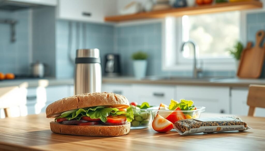a cozy minimalist kitchen with light blue accents and wooden textures, sunlight streaming through a window, an assortment of budget-friendly cold lunch items neatly arranged on a wooden table - a thermos, a sandwich on whole wheat bread, a small container of fresh salad, a piece of fruit, and a granola bar, the composition is clean and inviting, highlighting the simplicity and affordability of these nutritious meal ideas